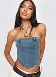 Front view of model wearing  front Princess Polly Sleeveless Square Neck  Alexian Strapless Top Denim