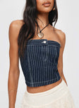 Front view of model wearing  front Princess Polly Sleeveless Square Neck  Grier Strapless Denim Top Indigo