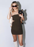 front view of model wearing Princess Polly Alaska Strapless Mini Dress Brown 