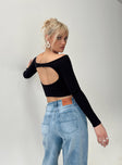 Front view of model wearing  front Princess Polly Full Sleeves Square Neck  Karlson Off The Shoulder Top Black