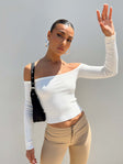 Front view of model wearing  front Princess Polly Full Sleeves Asymmetric Neckline  Katandra Off Shoulder Top Ivory