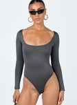 front view of model wearing Princess Polly Ellery Bodysuit Grey Full Sleeves Square Neck 