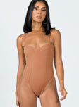 front view of model wearing Princess Polly Oakland Bodysuit Beige Sleeveless Sweetheart 