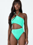 front view of model wearing Princess Polly Yana Bodysuit Green Sleeveless Asymmetric Neckline 