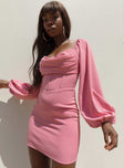 Front view of model wearing  front Princess Polly Asymmetric Neckline  Lillie Long Sleeve Mini Dress Bright Pink