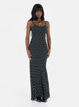 Front view of model wearing  front Princess Polly Crew Neck  Luncheon Maxi Dress Black Polka Dot