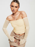 Front view of model wearing  front Princess Polly Full Sleeves Square Neck  Sallo Off The Shoulder Top Yellow