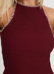 back view of model wearing Princess Polly Arianell Halter Knit Top Maroon Sleeveless High Neck 