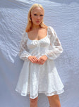 Front view of model wearing  front Princess Polly Crew Neck  Marceau Long Sleeve Mini Dress White