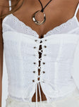 Front view of model wearing  front Princess Polly Full Sleeves Crew Neck  Amitri Lace Up Top Ivory