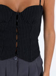 Front view of model wearing  front Princess Polly Sleeveless Sweetheart  Archette Corset Vest Black Pinstripe