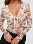 back view of model wearing Princess Polly Amessa Long Sleeve Top Floral Full Sleeves Plunger 