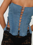 back view of model wearing Princess Polly Eden Lace Up Corset Denim Mid Wash Sleeveless straight 