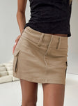 Front view of model wearing  front Menorca Cargo Mini Skirt Camel Princess Polly  Mini Skirts Mini Skirts 