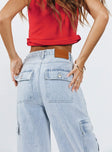 Front view of model wearing  front Princess Polly High Waisted  Marylou Cargo Jeans Light Wash Denim