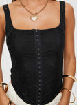 front view of model wearing Princess Polly Barlay Top Black Sleeveless Square Neck 