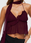 Front view of model wearing  front Princess Polly Sleeveless Sweetheart  Demi Frill Top Burgundy