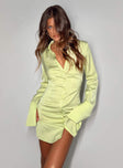 Front view of model wearing  front Princess Polly V-Neck  Posy Long Sleeve Mini Dress Green