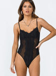 front view of model wearing Princess Polly Brentwood Bodysuit Black Sleeveless Sweetheart 