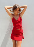 Front view of model wearing  front Princess Polly Sleeveless Asymmetric Neckline  Back 2k Top Red