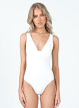 front view of model wearing Princess Polly Krissy Bodysuit Ivory Sleeveless Plunger 