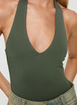 back view of model wearing Princess Polly Abelie Bodysuit Green Sleeveless Plunger 