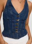 front view of model wearing Princess Polly Yukiyo Denim Top Mid Wash Sleeveless V-Neck 