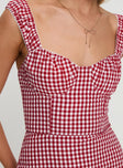 back view of model wearing Princess Polly Faubert Mini Dress Red Gingham Sweetheart Neckline 