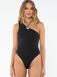 front view of model wearing Princess Polly Ranski One Shoulder Bodysuit Black Sleeveless Asymmetric Neckline 