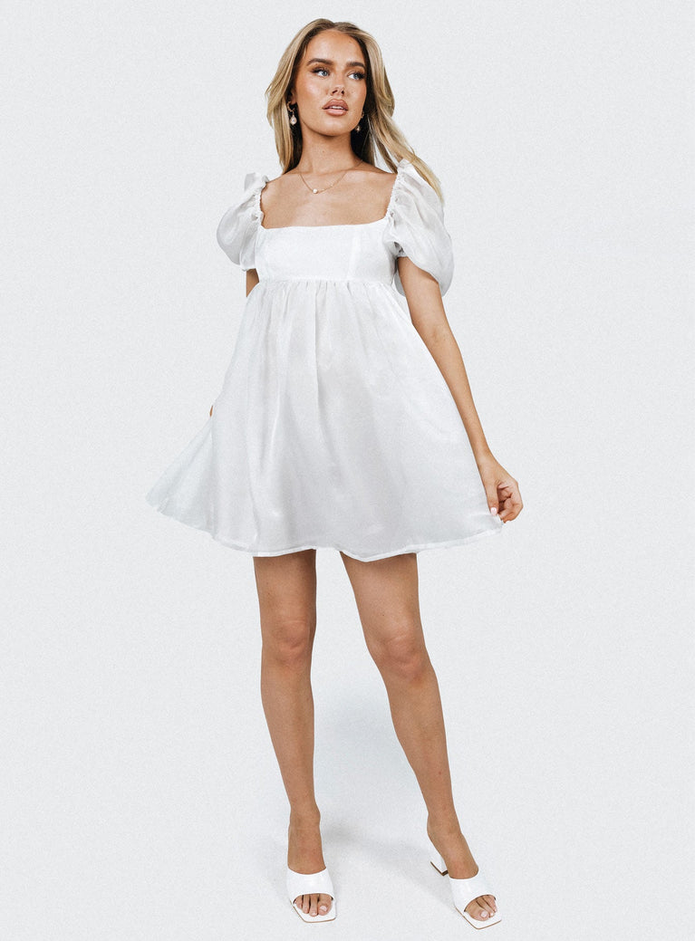 Front view of model wearing  front Princess Polly Square Neck  Alaya Mini Dress White