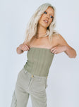 front view of model wearing Princess Polly Belle Knit Strapless Top Khaki Sleeveless Square Neck 