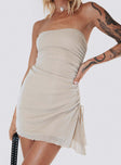 Front view of model wearing  front Princess Polly Asymmetric Neckline  Donelli Mini Dress Champagne Tall