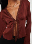 Front view of model wearing  front Princess Polly Full Sleeves Plunger  Hunton Long Sleeve Top Brown