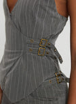 back view of model wearing Princess Polly Calexico Buckle Halter Top Grey Pinstripe Sleeveless V-Neck 