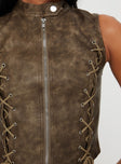 Front view of model wearing  front Princess Polly Sleeveless High Neck  Ceejay Faux Leather Top Brown