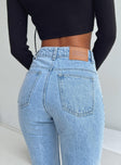 Front view of model wearing  front Princess Polly High Waisted  Cabarita Lounge Denim Jeans Mid Wash