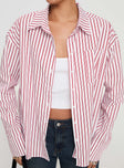 back view of model wearing Princess Polly Belize Shirt Red / White Stripe Full Sleeves V-Neck 