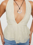 front view of model wearing Princess Polly Sosna Top Beige Sleeveless Plunger 