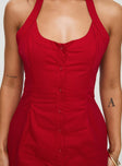 front view of model wearing Princess Polly Mallorie Halter Mini Dress Red Petite Scoop Neck 