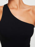 back view of model wearing Princess Polly Seema Bodysuit Black Sleeveless Asymmetric Neckline 