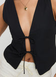 back view of model wearing Princess Polly Awakening Tie Front Top Black Sleeveless Plunger 