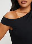 side view of model wearing Princess Polly Beller Maxi Dress Black Asymmetric Neckline 