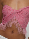 back view of model wearing Princess Polly Kovac Reversible Fringe Tube Top Pink Sleeveless Sweetheart 