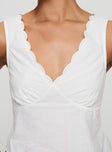 back view of model wearing Princess Polly Cappucino Lace Trim Top White Sleeveless Plunger 