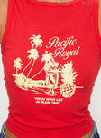 back view of model wearing Princess Polly Pacific Royal Tank Top Red Sleeveless Crew Neck 