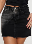 back view of model wearing Princess Polly Jellicoe Spliced Denim Skirt Black Wash Mini Skirts 