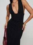 side view of model wearing Princess Polly Alsace Maxi Dress Black Plunger 