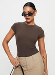 front view of model wearing Princess Polly Harlea Bodysuit Brown Short Sleeves Crew Neck 