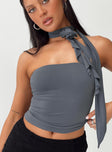 Front view of model wearing  front Princess Polly Sleeveless Asymmetric Neckline  Sunita Top Slate