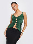 Front view of model wearing  front Princess Polly Sleeveless Asymmetric Neckline  Juliana Top Forest Green